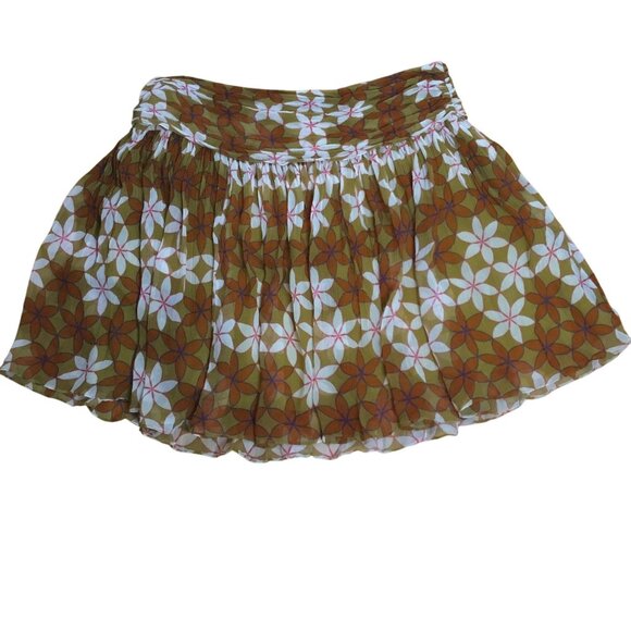 GUAPA Ruched Waist Geo Earthtone Floral Chiffon Mini Skirt M Boho Layered Lined - Picture 5 of 9